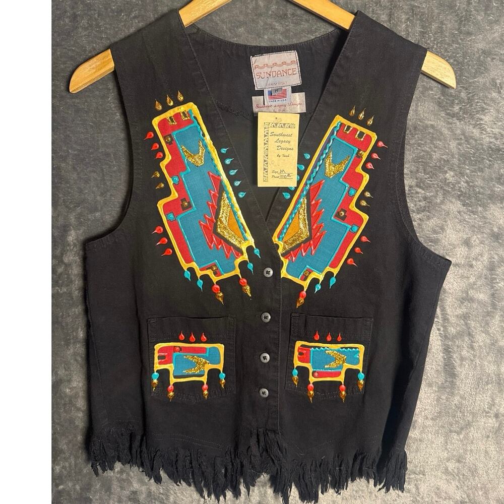 VTG 90s Sundance Denim Wear Southwest Legacy Hand Painted Fringe Vest M NWT BLK